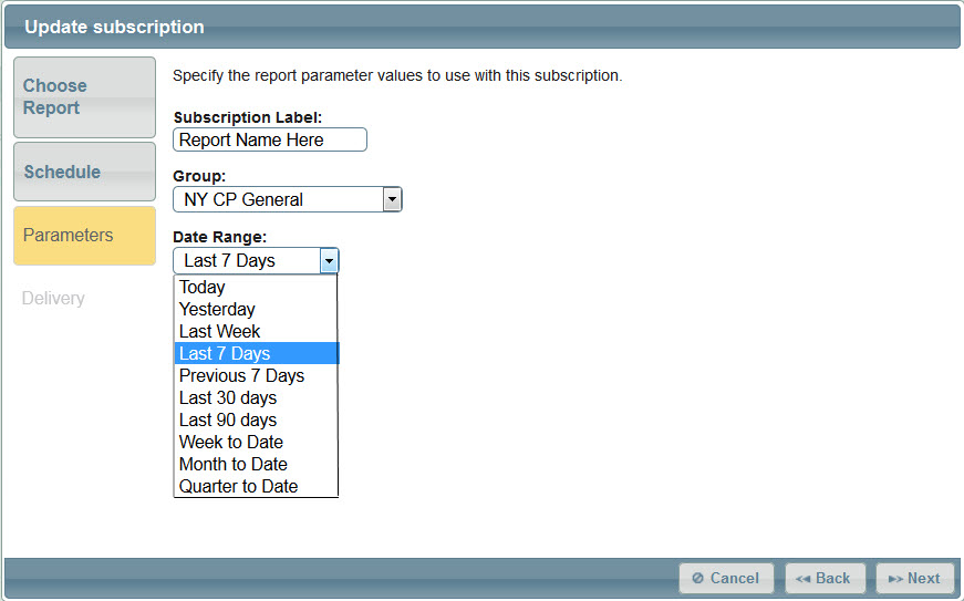 Report Subscription Parameters Panel