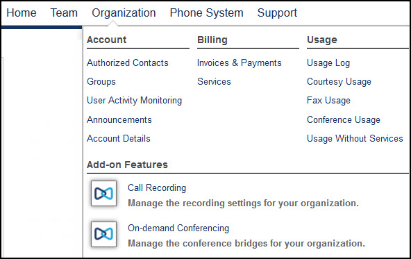 Organization Menu in ShoreTel Sky Portal