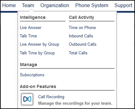 Team Menu in ShoreTel Sky Portal
