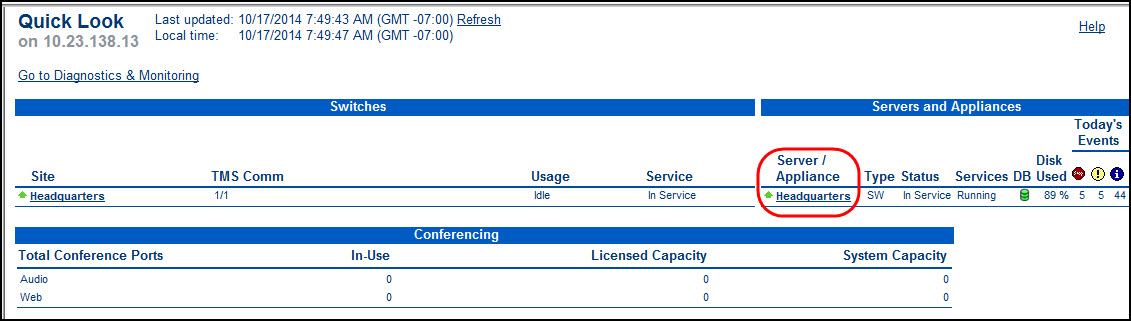 Quick Look > Server/Applicance > Headquarters