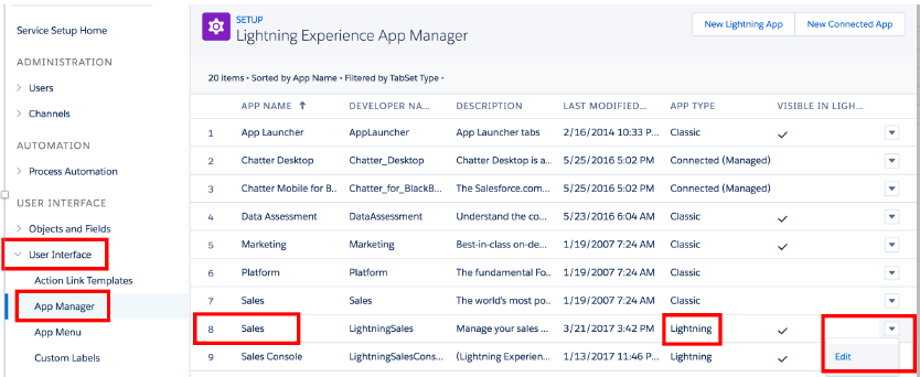 Lightning Experience App Manager page