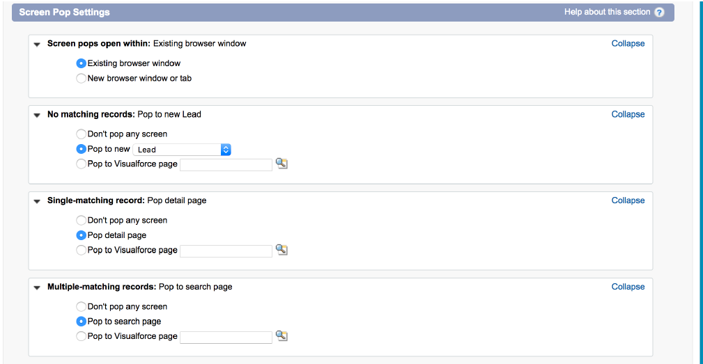 Screen Pop settings page.